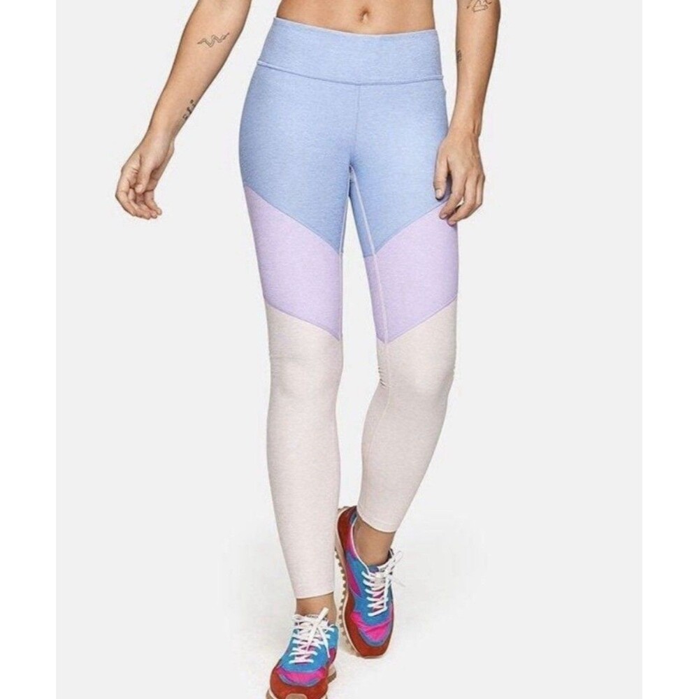 Outdoor Voices Springs 7/8 Color Block Leggings Blue Purple Oatmeal Sz Large EUC